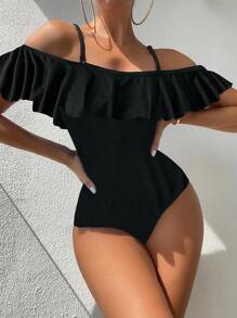 SHEIN Swim Summer Beach Solid Ruffle Trim One Piece Swimsuit - Black - View 2