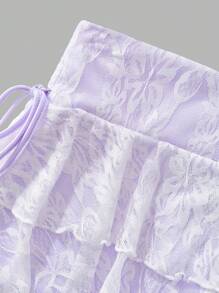 SHEIN MOD 女士休闲低腰抽绳蝴蝶结蕾丝面料双层蛋糕裙，适合日常穿着 - 白色 - 查看 3