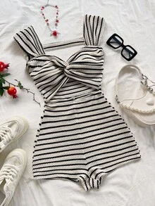 Soleia Plus Size Women's Vacation Knitted Striped Twist Front Keyhole Backless Jumpsuit, Autumn/Winter - Black and White - View 1