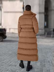 EURMUSE Zip Up Drawstring Waist Long Padded Coat - Camel - View 2
