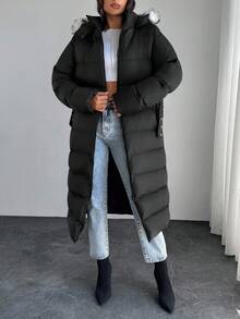 SHEIN Tall Damen Gepolsterter Mantel mit flauschigem Kapuzenrand und Kunstpelz, Reißverschluss