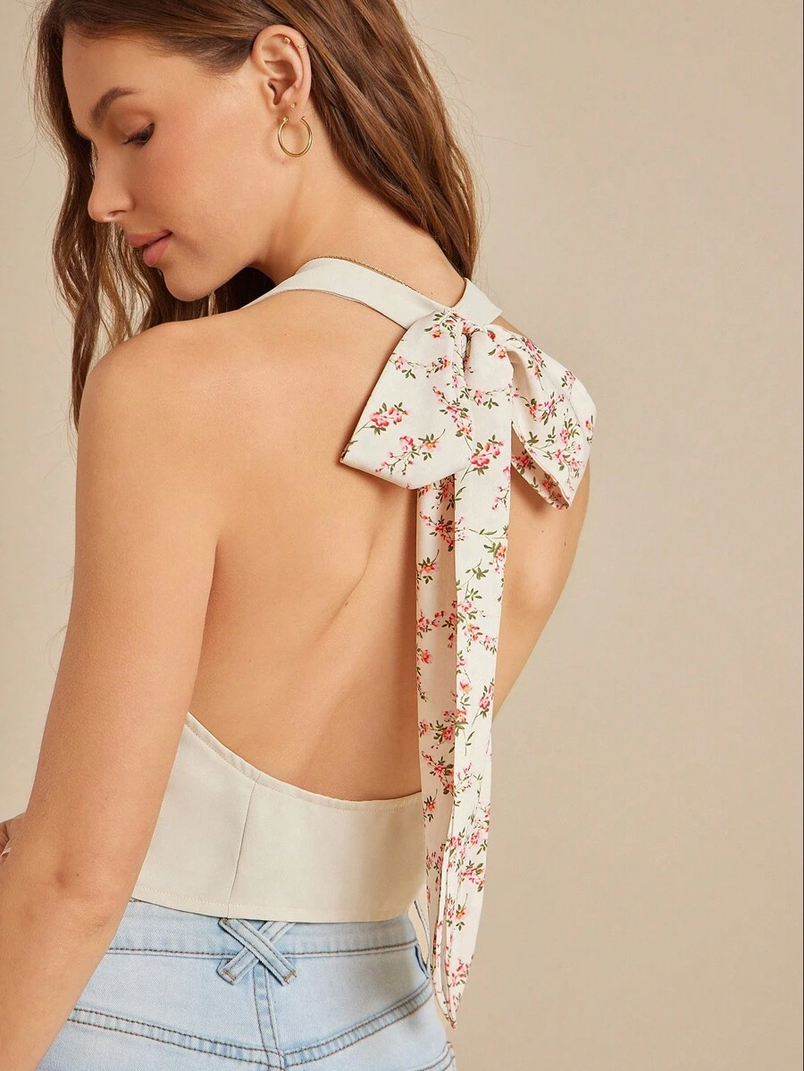 WESTFADE Mix-Media Stretch Twill & Ditsy Blumen Muster Webhalter Ausschnitt Spaltung Saum Rückenfrei Passform Schal Krawatte Weste Top Landkonzert Süß Damen Sommer Tops Europäisch - Creme - Übersicht 1