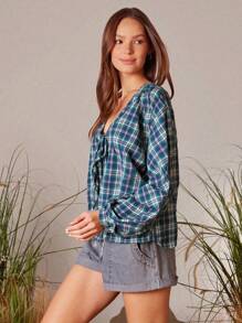 WESTFADE Blusa de mangas farol largas con cuello en V, lazada y estampado de cuadros al estilo occidental para Nashville - Verde Oscuro - Ver 4