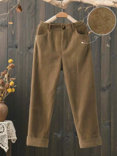Omancia Women's Casual Solid Color Corduroy Pants, Versatile For Autumn