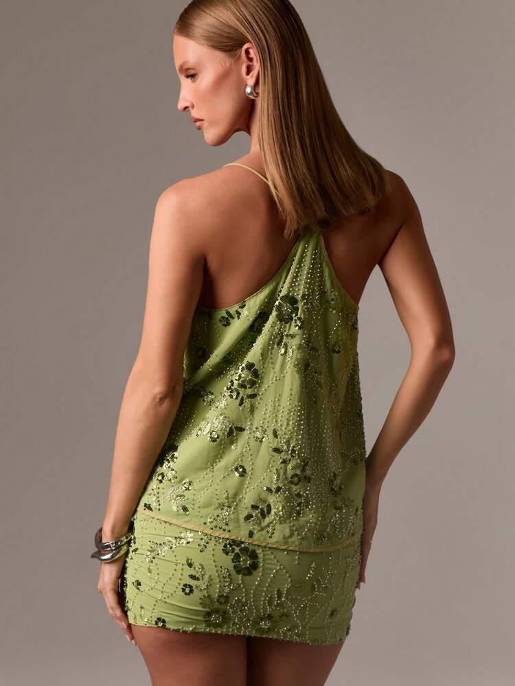 Sequin Beaded Cowl Neck Cami With Ruched Mini Skirt