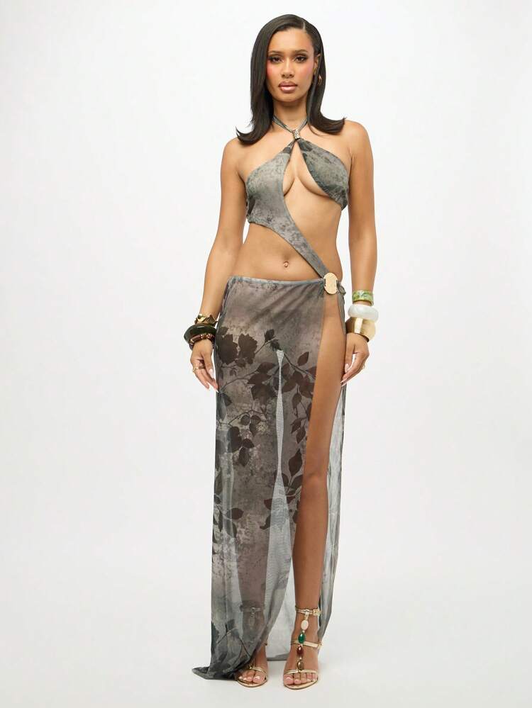 SUMWON WOMEN Abstract Print Maxi Dress With Cut Out Detail And Halter Neck