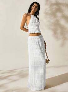 Easelle 女士度假户外浪漫挂脖露背低腰短裙套装白色两件套裙套装两件套白色套装女夏季两件套女亚麻两件套沙滩裙套装 - 白色 - 查看 7