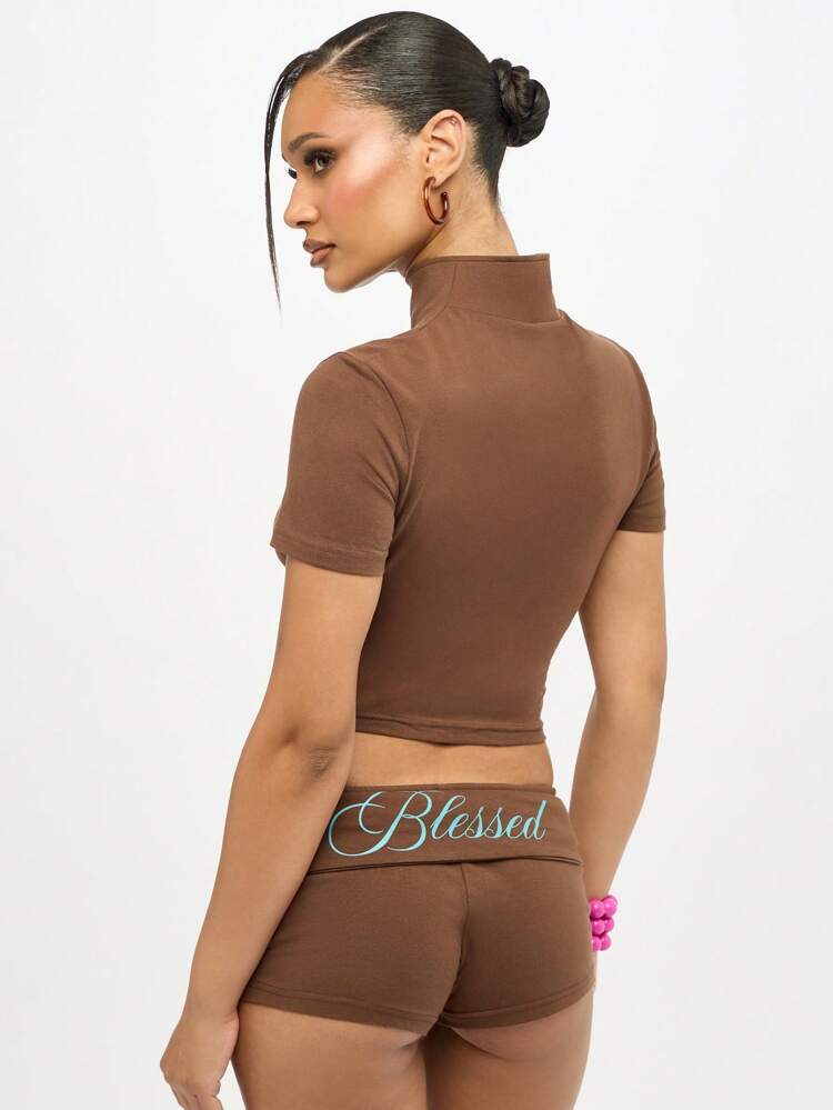 SUMWON WOMEN High Neck Crop Top And Booty Shorts Set