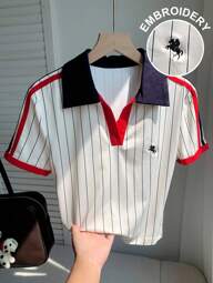 Comfortcana Casual Color Block Striped Embroidered Logo Short Sleeve Back To School Plus Size T-Shirt Embroidered Shirt Baseball Shirt Striped Top