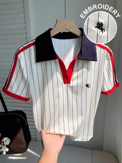 Comfortcana 女式休闲拼色条纹短袖T恤，夏季返校季