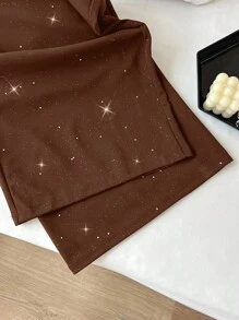 Flirla Plus Size Women Glitter Cinched Waist Decor Casual Pants, Spring/Summer - Coffee Brown - View 5