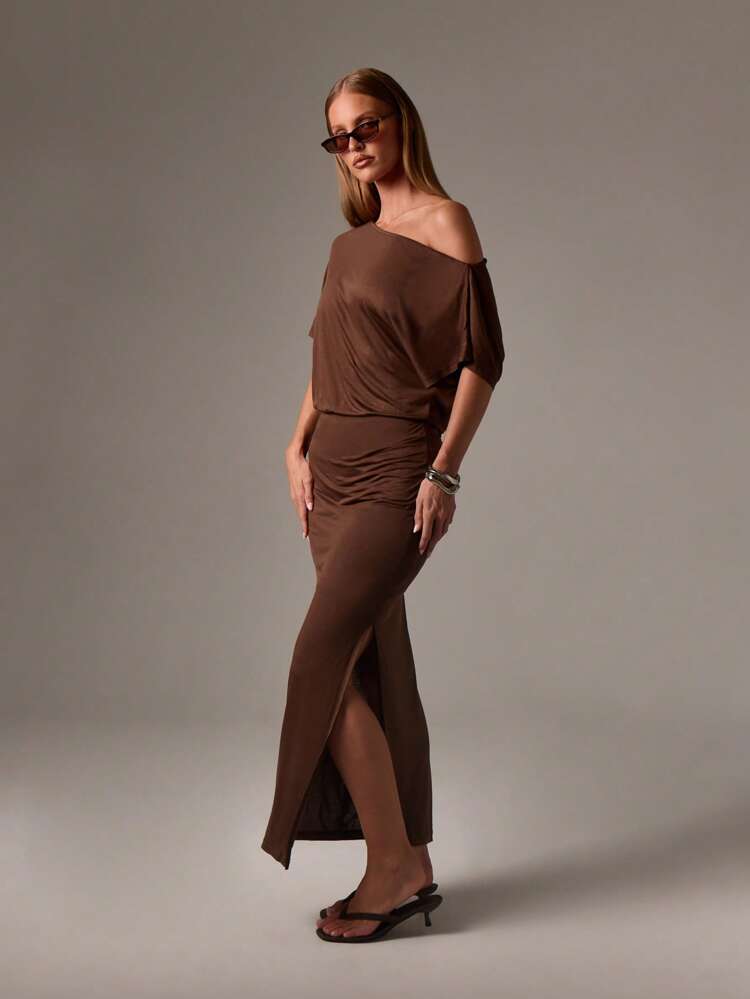 AiiRZ Off Shoulder Maxi Dress With Studded Belt