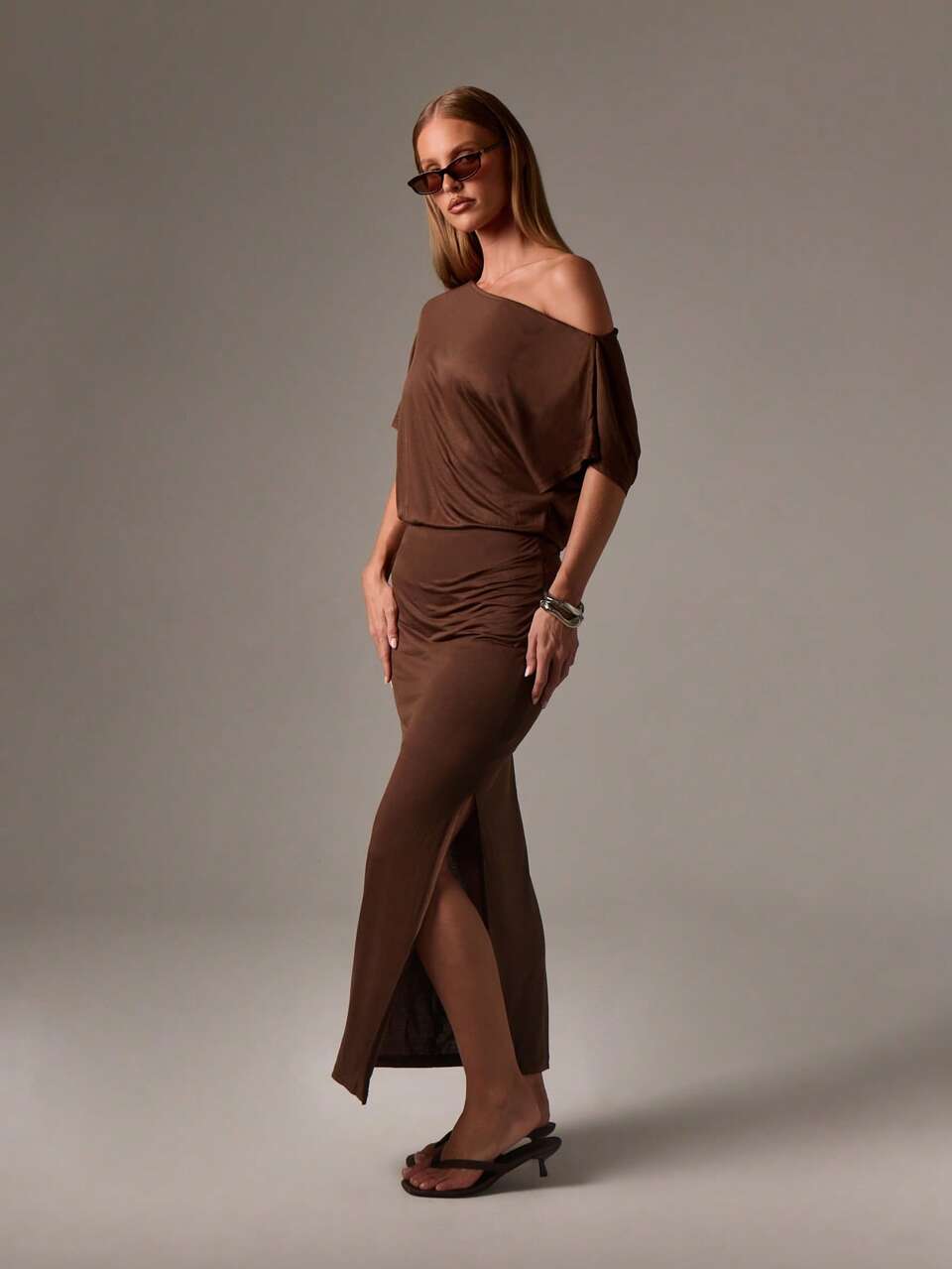 AiiRZ Off Shoulder Maxi Dress With Studded Belt