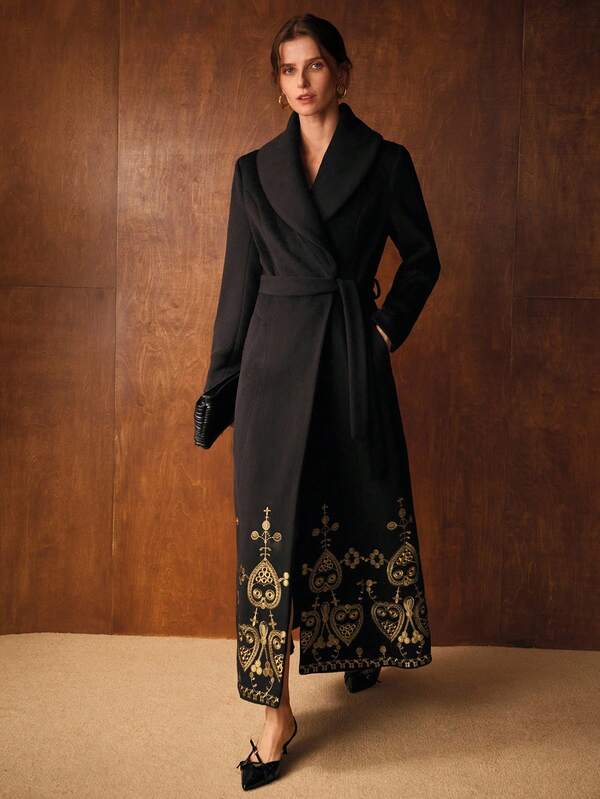 MOTF PREMIUM WOMEN'S VINTAGE GOLD THREAD EMBROIDERED OVERCOAT