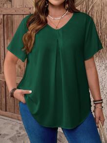 EMERY ROSE Plus Size V-Neck Ruched Summer Short Sleeve Casual Solid Top,Country Vacation Woman,Simple And Fashionable For Everyday Wear,Summer Tops Women,Summer - Green - View 4