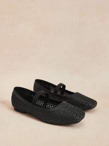 Rosivie 黑色网眼编织舒适简约透气松紧带女士平底鞋，优雅度假与波西米亚风格 - 黑色 - 查看 3