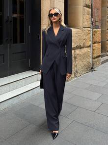 Aloruh 女士纯色翻领长袖夹克和裤子通勤日常基本款秋冬套装 - 藏蓝色 - 查看 9