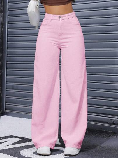 SHEIN ICON Plus Size Women's Pink Pocketed Wide Leg Loose Casual Autumn Jeans