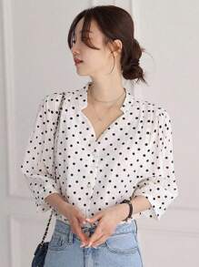 DAZY Women's V-Neck Polka Dot Printed Elegant Casual Blouse,Ruffle Long Sleeve Top - White - View 7