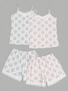 EURMUSE Damen 2 Pack Kontrast-Farbige Spitze mit Retro Muster Details Tank Top und Shorts Homewear Pyjama Sets - Verschiedenfarbig - Übersicht 7