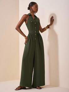 Zivah 2025夏季新品，适合生日派对，返校风，校园风，日常穿着，休闲装，度假装，邮轮旅行，海滩装，日光浴装，街头装，优雅装，通勤装，商务休闲装，衬衫领，半开腿，纽扣可打开，有口袋，腰部收紧阔腿裤，橄榄绿，夏季阔腿裤，女式连体裤 - 橄欖綠 - 查看 4