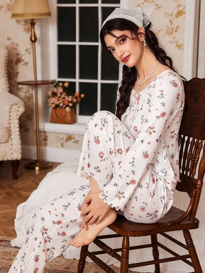  CottageSlumber Romantic-Floral Women Bow Decor Floral Print Long Sleeve Top & Pants 2 Pieces Pajama Set, Sleepwear Set, Fall Winter Clothes Cozy And Elegant Details