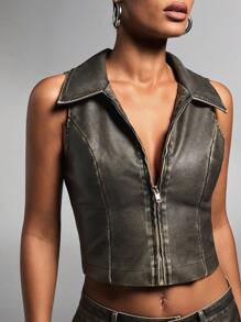 SHEIN BAE 女士黑色水洗做旧皮革PU休闲百搭时尚复古金属拉链装饰时尚女式上衣/外出上衣/复古风 - 黑色 - 查看 4