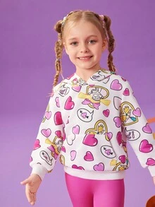 Nick 90s | SHEIN 少女可爱卡通心形印花白色长袖连帽卫衣和修身粉色针织裤两件套 - 彩色 - 查看 4