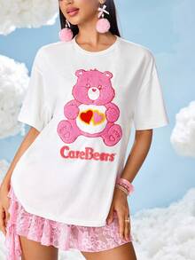 SHEIN X Care Bears Women's Letter & Cartoon Bear Embroidered Round Neck Short Sleeve T-Shirt - White - View 1