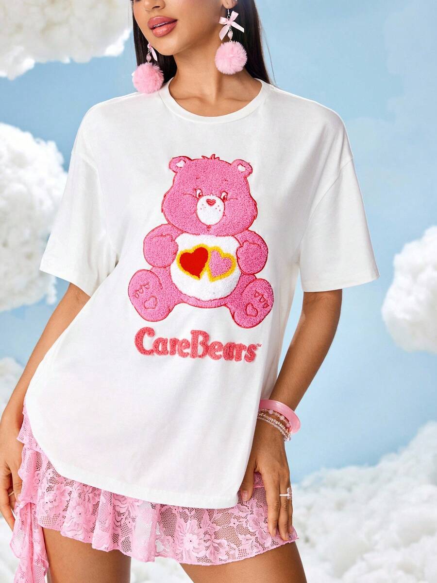 SHEIN X Care Bears Women's Letter & Cartoon Bear Embroidered Round Neck Short Sleeve T-Shirt - White - View 1
