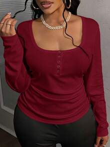 Slaydiva Blusa de manga larga con cuello cuadrado, cintura fruncida, talla grande y estilo casual - Burdeos - Ver 6