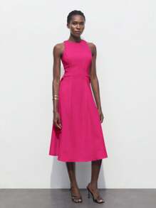 Maija 2025 年夏季新款紫红色圆领无袖太阳裙，适合商务、日常休闲、通勤、优雅海滩度假、婚礼宾客、乡村音乐节、早餐和机场装，90 年代复古时尚的女士连衣裙 - 玫紅色 - 查看 4