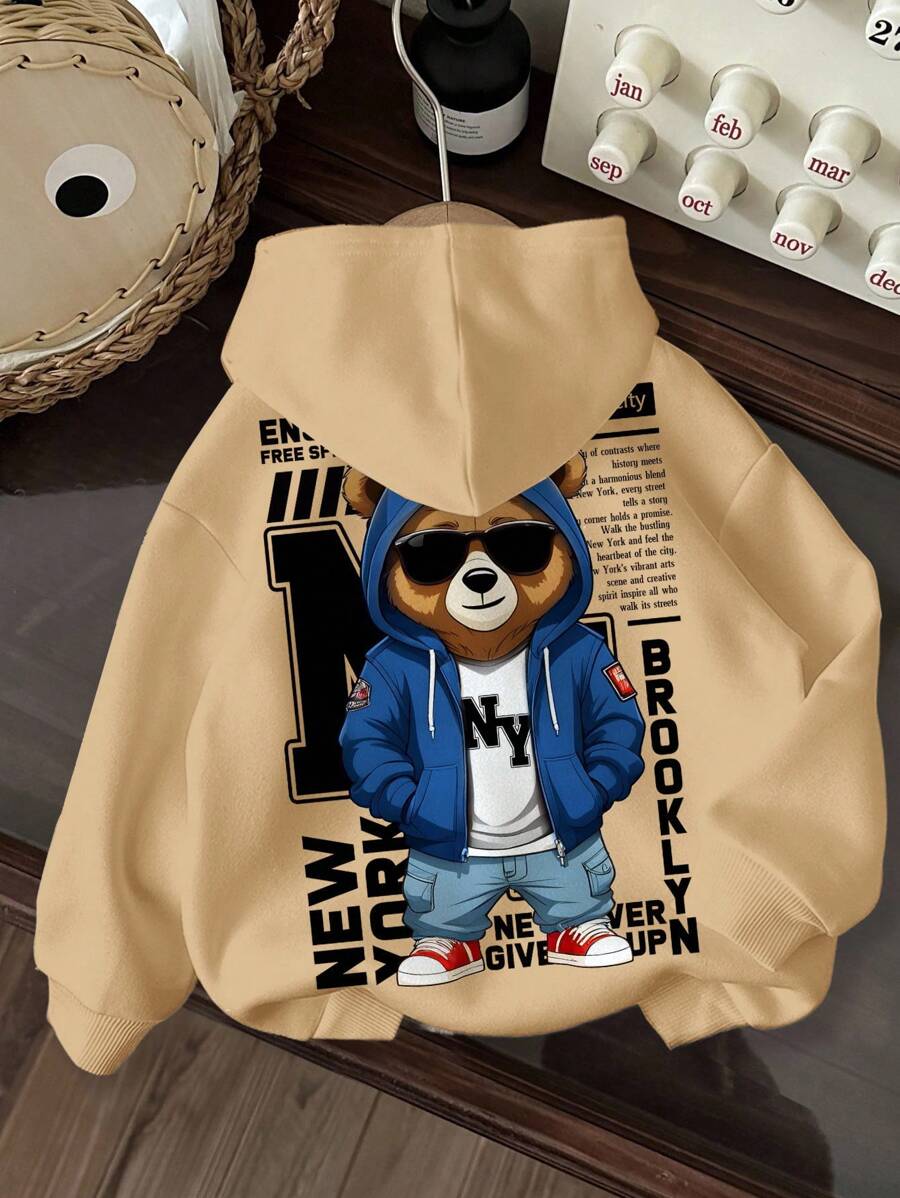 男童休闲卡通熊图案加厚卫衣，适合秋冬季穿着 - 卡其色 - 查看 1