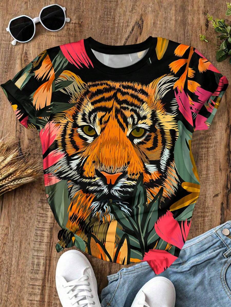 EMERY ROSE Plus Size Women's Cool Tiger Print Graphic Tees,Casual Summer Women Tops - Multicolor - View 1