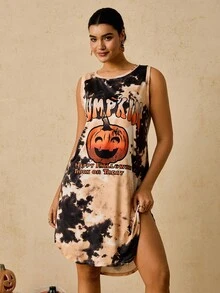 SHEIN VCAY Váy không tay in hình bí ngô và ma cà rồng nhuộm màu cam và đen cỡ lớn cho lễ Halloween, trang phục Halloween, váy nhuộm màu thu, cho tiệc Halloween - màu nâu - Xem 3