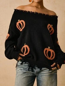 SHEIN VCAY 大码休闲提花露肩斜领温暖柔软百搭南瓜图案万圣节毛衣，秋季南瓜毛衣露肩毛衣女毛衣流苏毛衣 - 藕粉色 - 查看 7