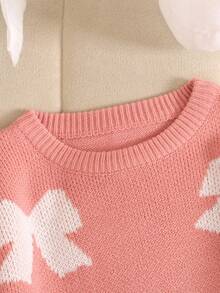 SHEIN 青少年女孩休闲粉色蝴蝶结提花宽松套头衫和喇叭裤套装，适合秋冬季居家、户外和学校穿着 - 藕粉色 - 查看 4