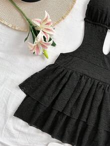 Soleia 奶油黄色女士度假复古扎染印花深 V 领露背系带双荷叶边下摆腰部收紧迷你连衣裙，适合派对、性感、约会、下午茶、街头、城市度假、音乐节、海滩、夏季 - 黑色 - 查看 5