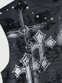 ROMWE MEN Goth Men's Summer Fashion Angel Cross Print Tank Top, 2000s Style - Grey - View 4