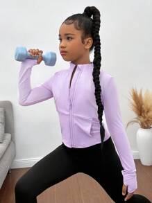 SHEIN Tween 女童轻便拉链夹克，透气运动外套，适合跑步、健身、瑜伽等所有季节穿着 - 淡紫色 - 查看 6