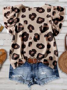 EMERY ROSE 加大码女式豹纹荷叶边下摆圆领短袖衬衫，休闲度假时尚，适合返校、返校节、夜间外出 - 彩色 - 查看 2