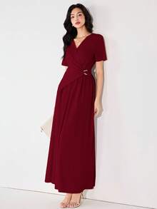 Heiryn 女士优雅纯色裹身长裙，夏季 - 酒紅色 - 查看 3