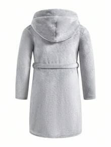 SHEIN Tween Boys' Grey Flannel Hooded Bathrobe,Autumn Casual Lounge Comfortable Plush Mid-Length Open Front Robe,Soft Fleece Loungewear For Kids Winter - Grey - View 2