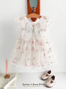 Cozy Pixies Baby Girl Botanical Floral Print Round Neck Ruffle Trim Waist Dress Baby Butterfly Dress Baby Girl Butterfly Dress Fairy Baby Dress Baby Girl Lace Dress Baby Princess Dress - Multicolor - View 6