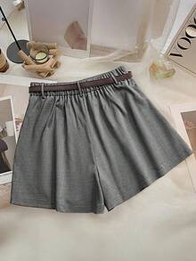 Franclia 大码女式纯色优雅腰带装饰短裤，适合通勤、郊游、夏季、办公室、派对、休闲装 - 深灰色 - 查看 2