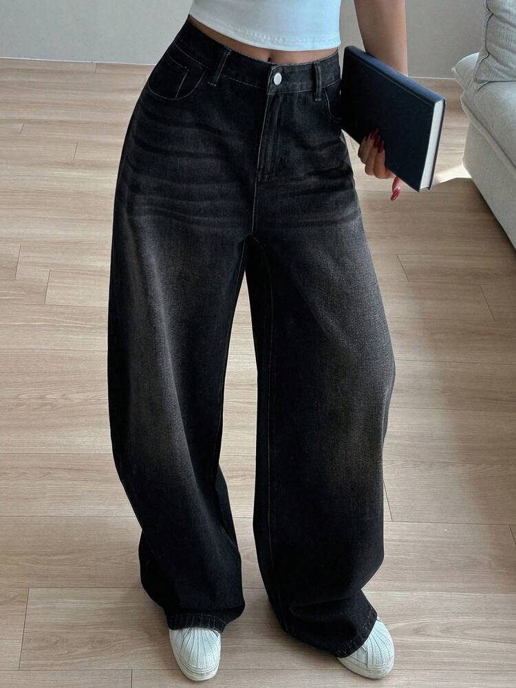 Vintage Loose Straight Leg Washed White Women's Jeans,Baggy Jeans