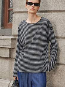 Lumivelle Damen Lässiges, locker sitzendes Tencel-T-Shirt mit Schulterausschnitt und Streifen in Weiß, lässige Outfits für Frühling, Kleidung für Universität, Herbstkleidung für Frauen - Schwarz und Weiss - Übersicht 4