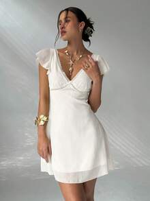 Aloruh Elegant Sexy Charming Ruffle Sleeve A-Line Deep V-Neck Backless Mini Dress For Women - White - View 7