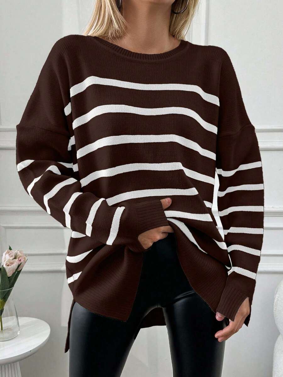 EURMUSE Women's Striped Loose Fit Dropped Shoulder Long Sleeve Casual Sweater,Jumper,Cream Jumper,Jumpers,Black Jumper,Womens Jumper,White Jumper,Women's Jumper,Women's Jumpers,Winter Clothes - Brown - View 1
