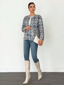 SHEIN Tall Women's Floral Print Long Sleeve Zip Front Casual Winter Jacket Printed Jacket Blue Jacket - Blue and White - View 6